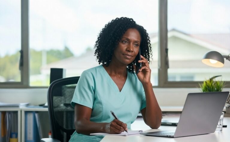 A Clarity Care registered nurse taking a referral call at the Mandurah office