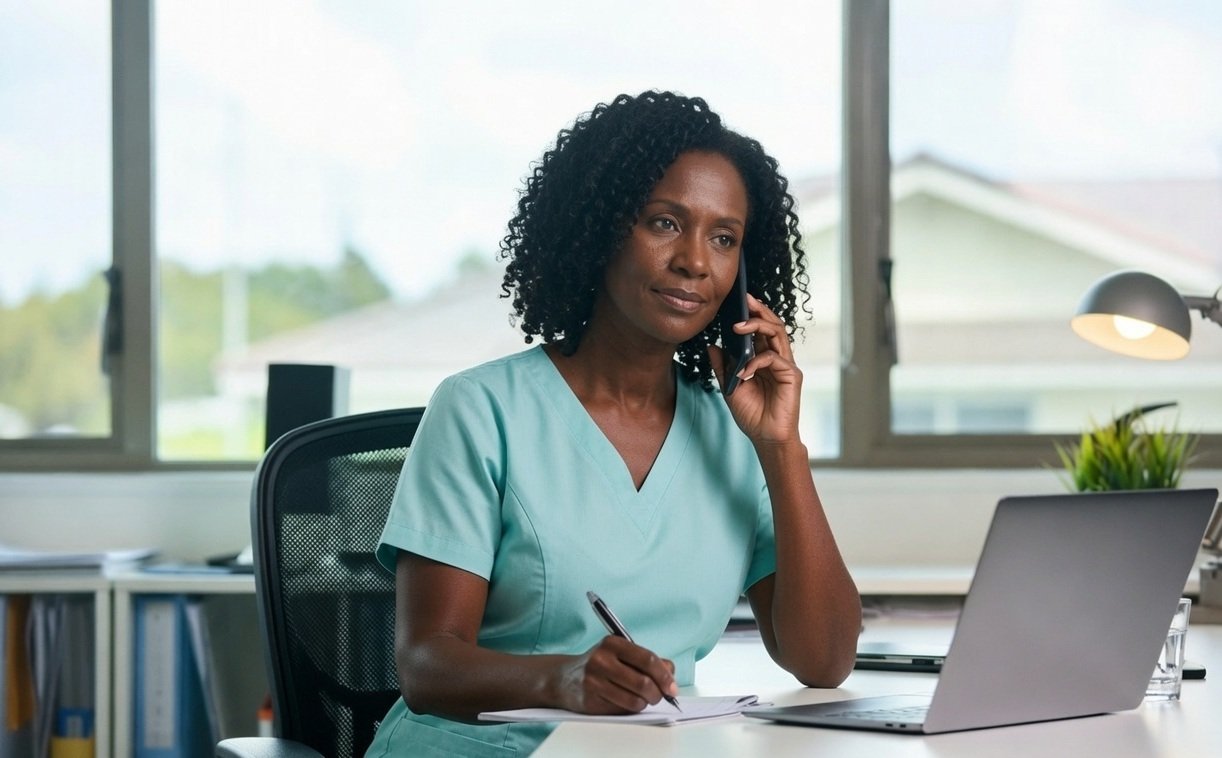 A Clarity Care registered nurse taking a referral call at the Mandurah office