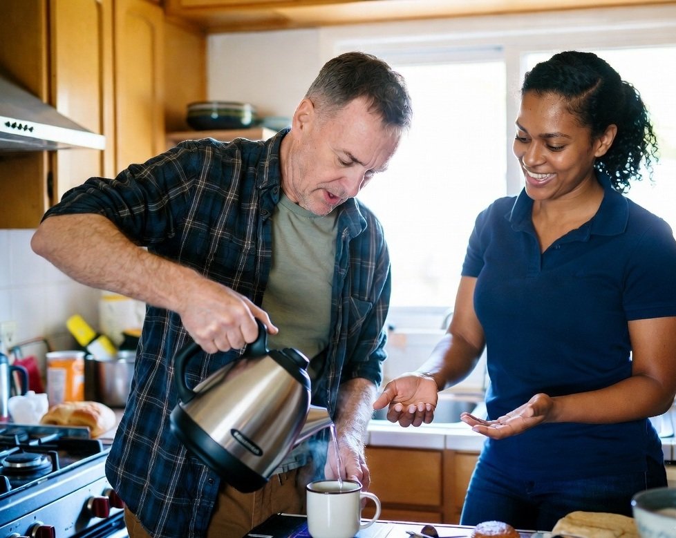 A support worker and a participant preparing a meal together in the participant's kitchen
