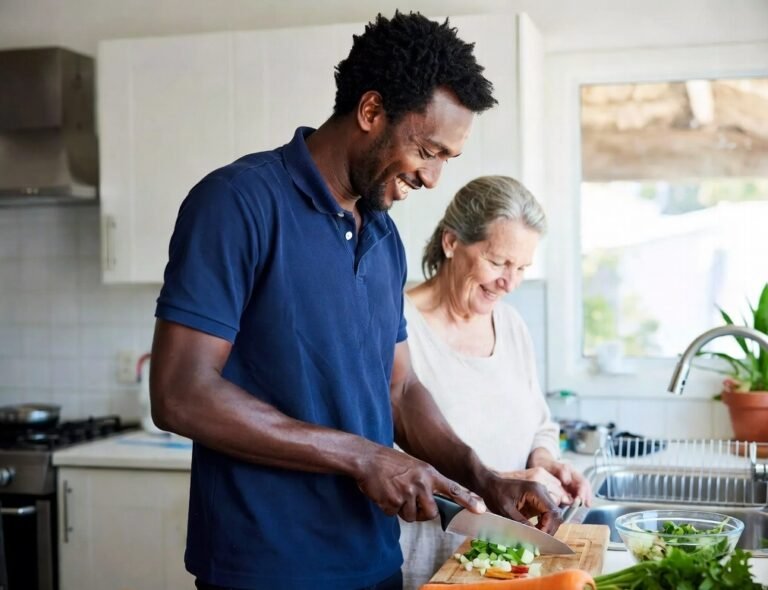 Participant in their own kitchen with a worker alongside