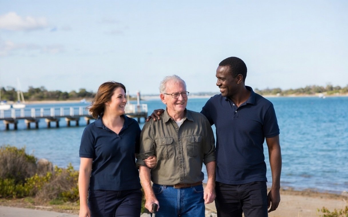 Two Clarity Care support workers walking with a participant along the Mandurah foreshore