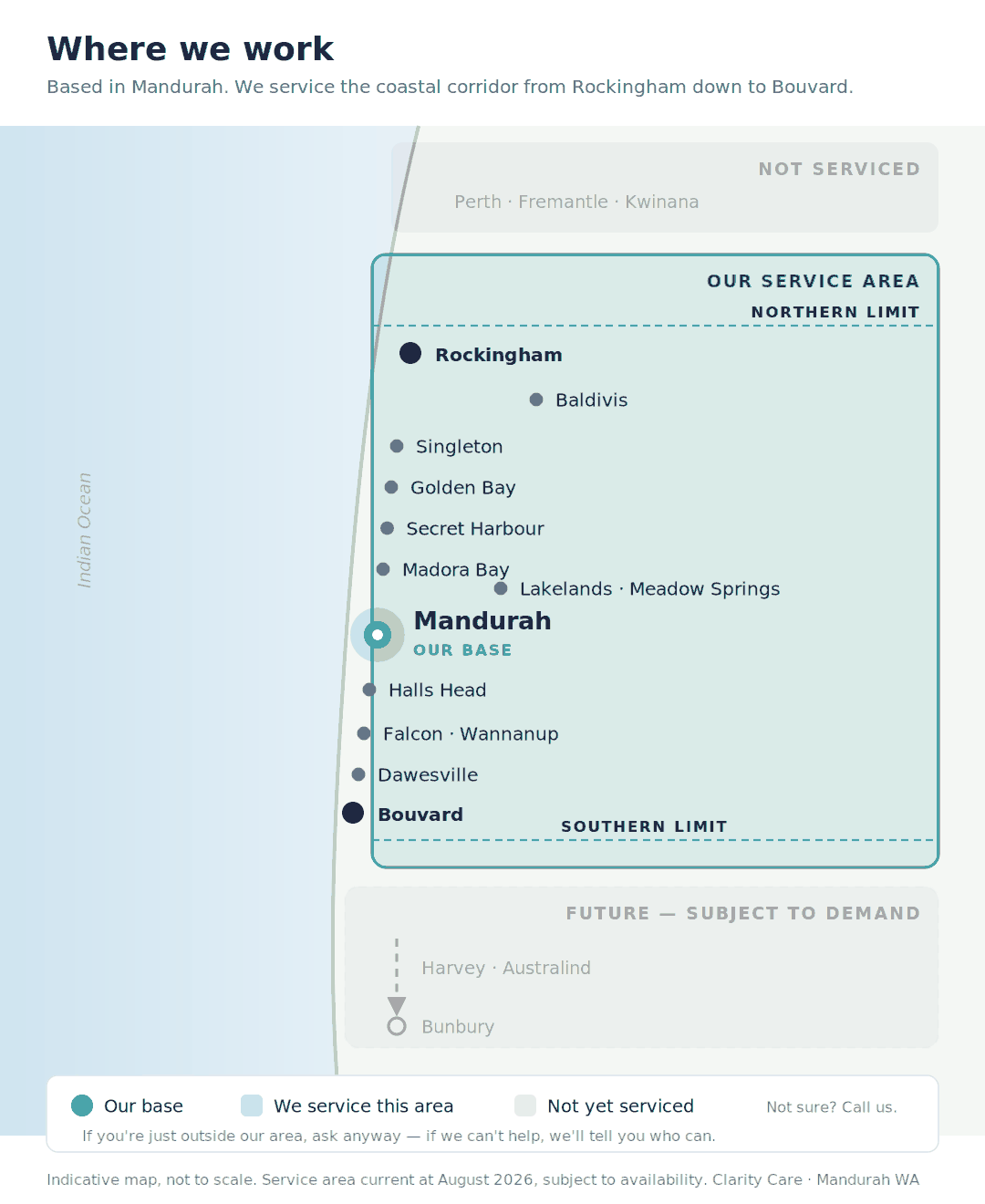 Map of Clarity Care's service area in Western Australia — based in Mandurah, servicing the coastal corridor from Rockingham in the north down to Bouvard in the south, including Baldivis, Singleton, Golden Bay, Secret Harbour, Madora Bay, Lakelands, Halls Head, Falcon, Wannanup and Dawesville