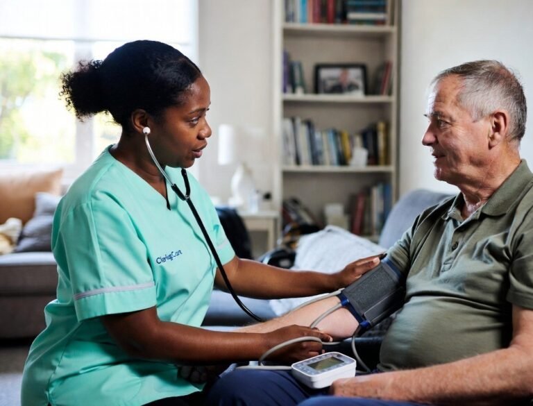 A Clarity Care nurse changing a dressing for a veteran in their own living room