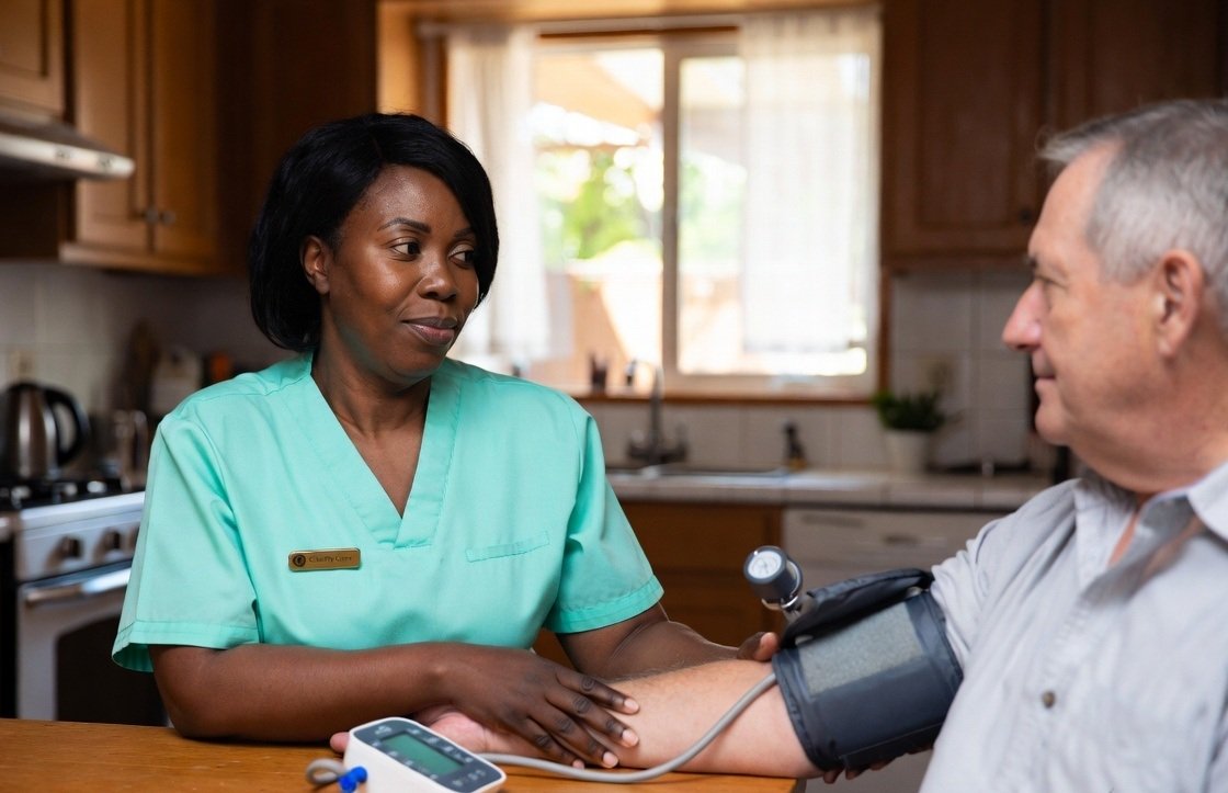 A Clarity Care registered nurse checking a participant's blood pressure at their kitchen table